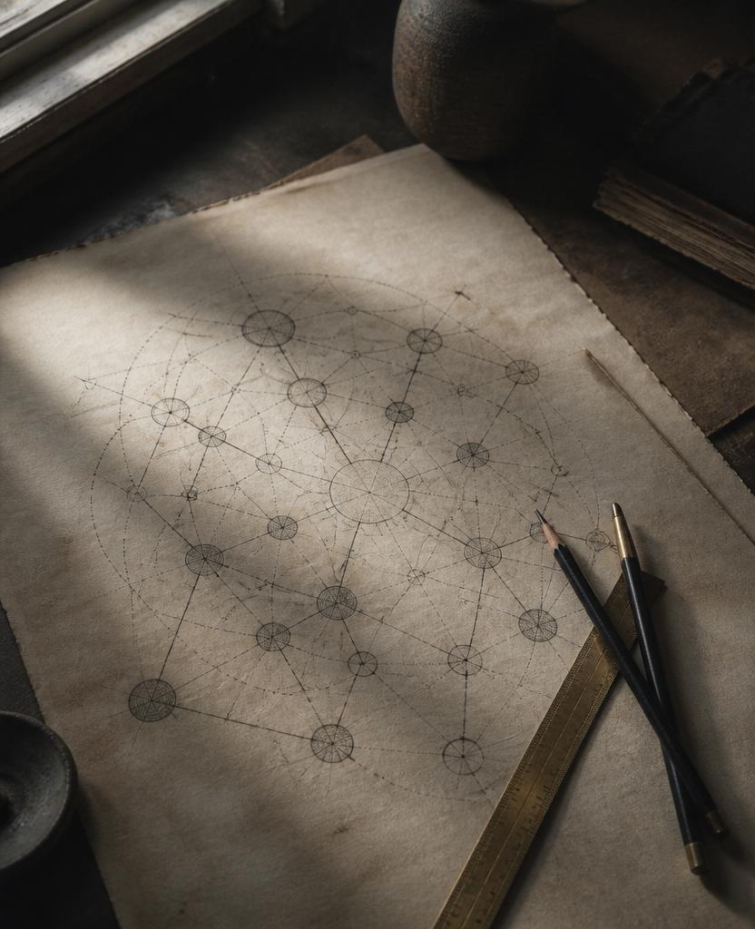 A hand-drawn systems diagram on aged paper with drafting pencils and a brass ruler.