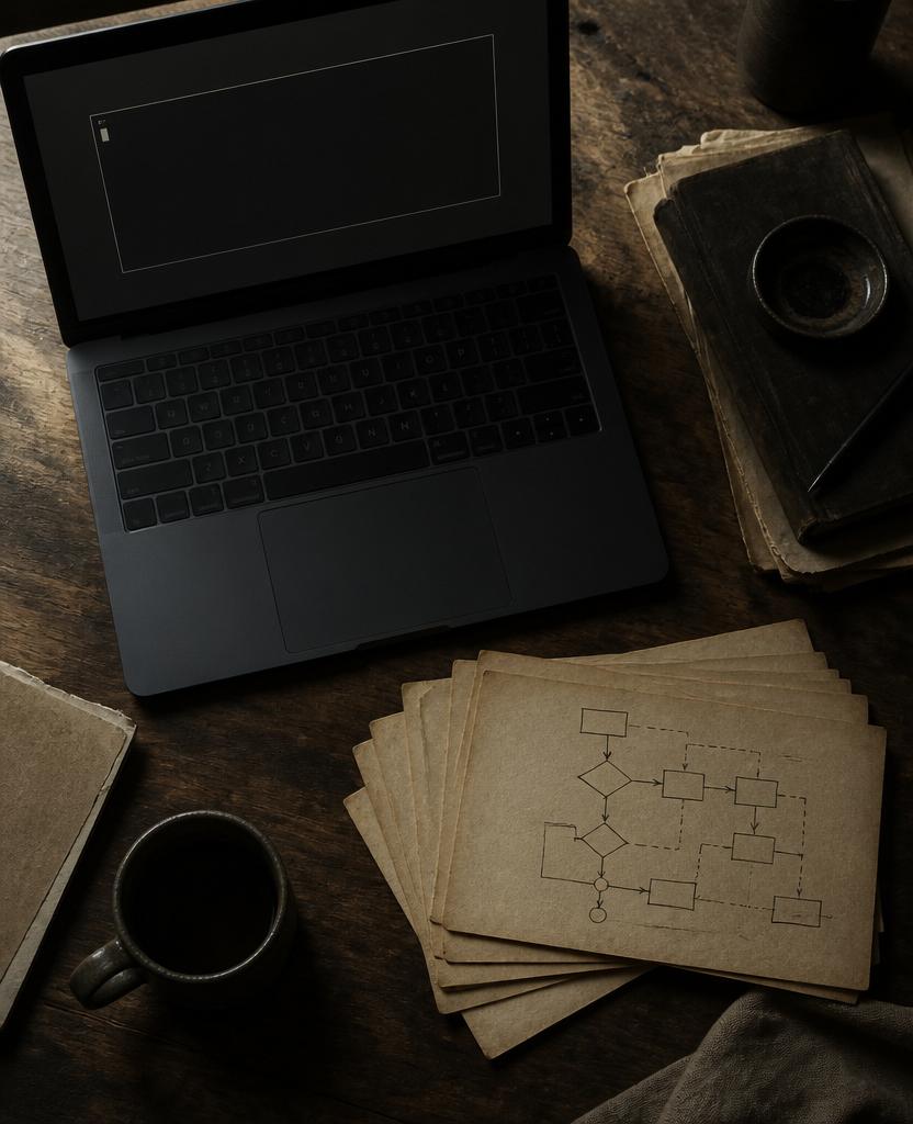 An overhead view of a matte laptop, index cards, and a hand-drawn flowchart.