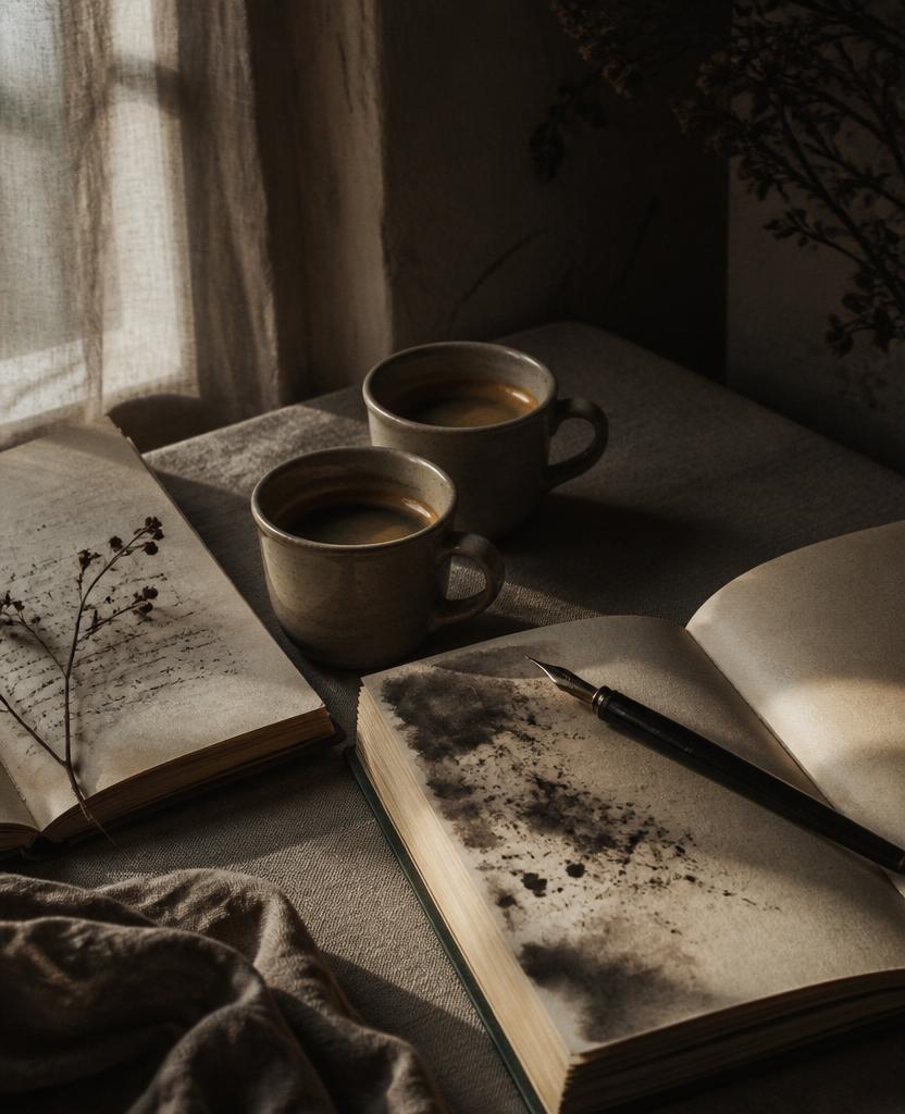 Two espresso cups between open notebooks with an ink pen mid-sentence.