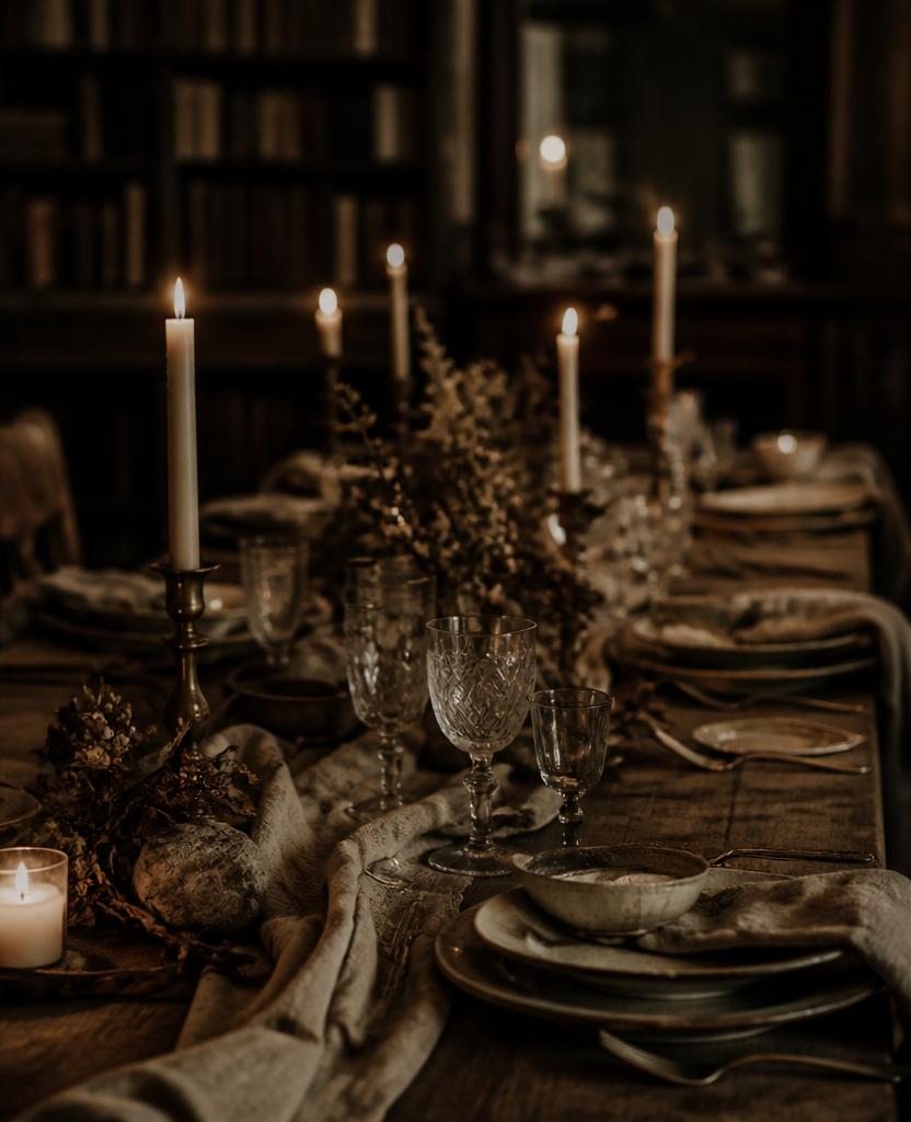 A long candlelit oak table set for an intimate dinner in front of a library.