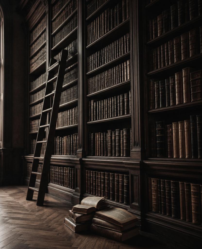 Floor-to-ceiling library shelves with a wooden rolling ladder and open books on the floor.