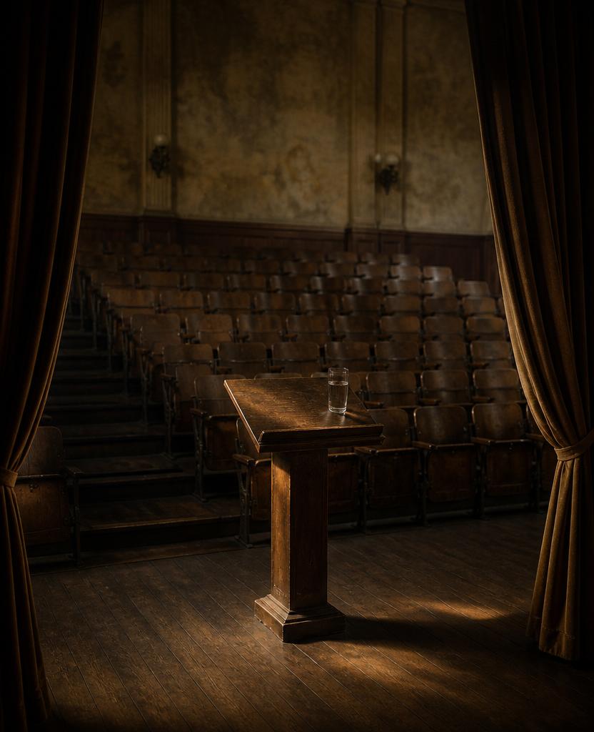 An empty vintage lecture hall seen from the stage with a single wooden lectern.